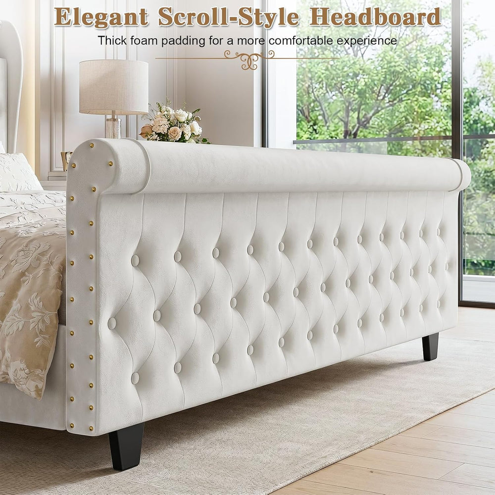 King Size Bed Frame with 51.2" Tall Lighted Storage Headboard and Chargi...