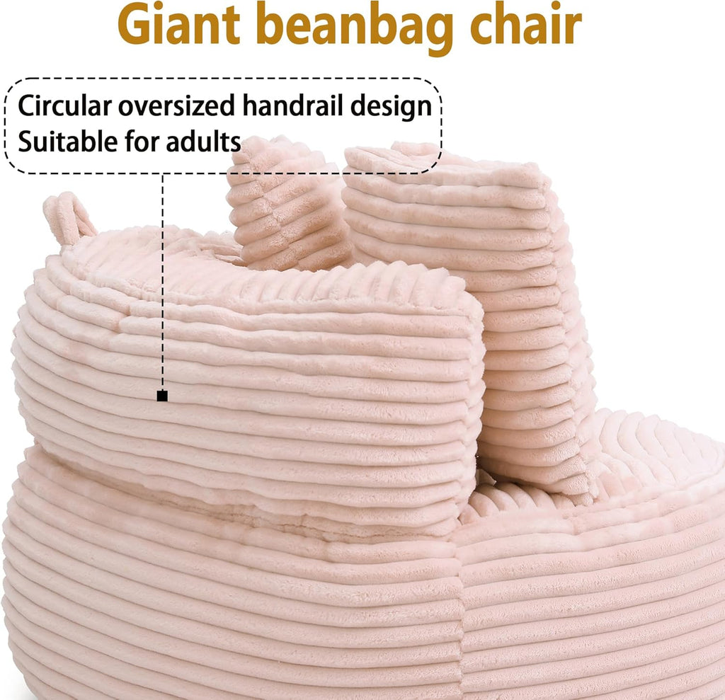 45" Round Pink Bean Bag Chair with Backrest,Corduroy Fabric Beanbag Couch 3 Pillows,Floor Cushion Bean Bag Chair for Adults,Plush TV Chair,Comfy Lazy Sofa for Living Room