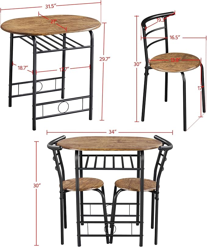 Yaheetech 3-Piece Dining Table Set, Breakfast Bistro Table Set for 2, Small Kitchen and Table Chairs Set of 2 with Metal Frame and Storage Rack for Small Space/Apartment/Dorm Room, Brown