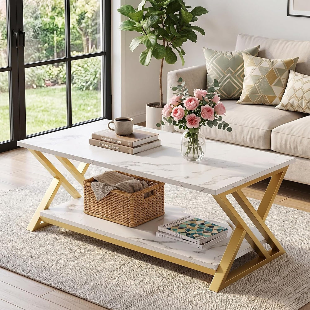 Coffee Table 2-Tier Gold Tables for Living Room,Center Table with Storage