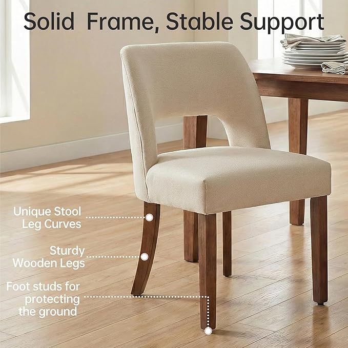keoni Wooden Dining Chairs Set of 2, Mid Century Modern Upholstered Dining Room Chairs with Rubberwood Legs, Fabric Farmhouse Kitchen Chairs with Foot Pegs for Dining Room, Beige
