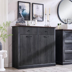 Modern Double Tilt-Out Laundry Hamper Cabinet, 20 Gallon Fluted Trash Can Cabinet w/2 Drawers, Wooden Hidden Garbage Can Cabinets w/Laundry Basket, Free Standing for Bathroom and Kitchen, Grey