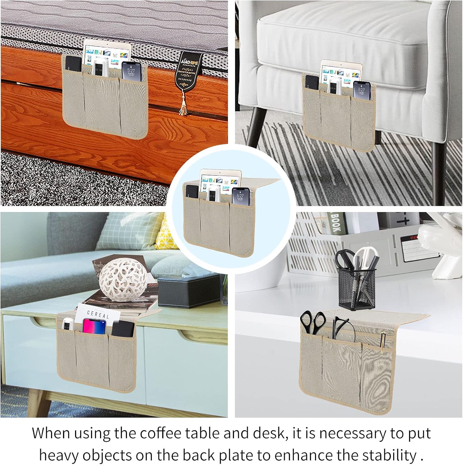 Bedside Caddy Bedside Storage Organizer Magazine Phone Tablet iPad Remote Holder, Organizer Caddy for Home College Dorm Bed, Sofa, Bunk Bed (Pale Khaki)