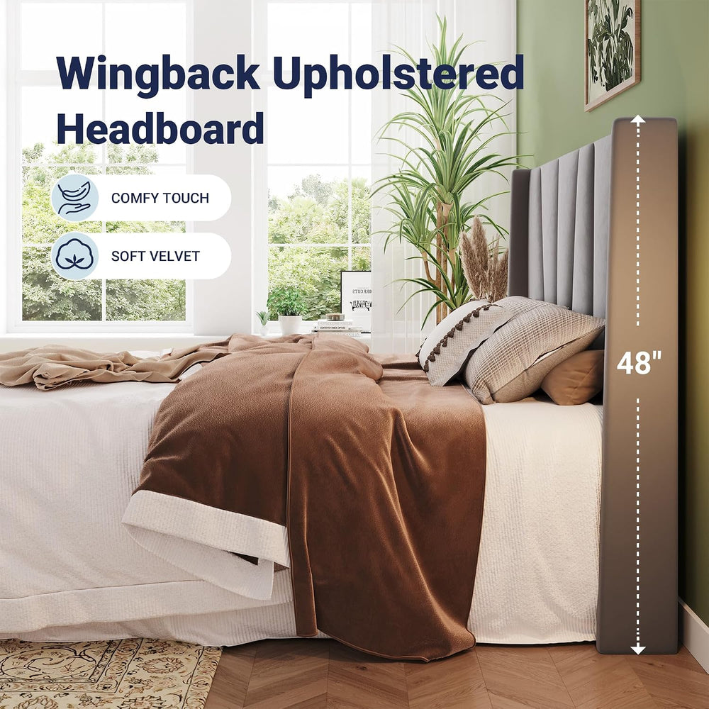 Allewie King Size Platform Velvet Bed Frame with Geometric Wingback Headboard...