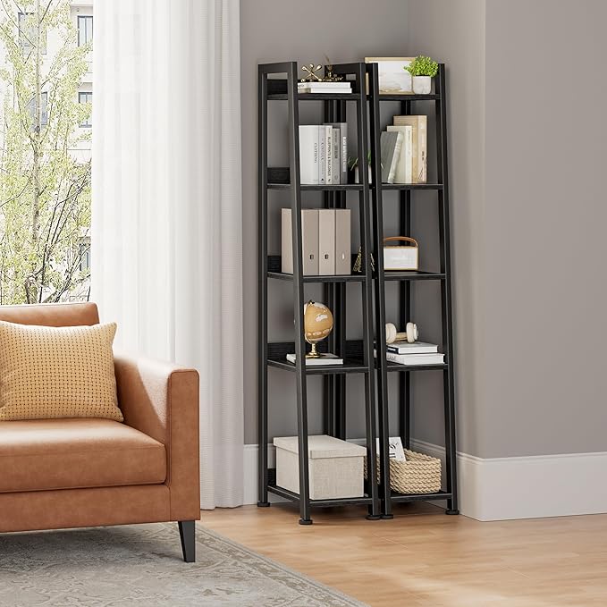 Narrow Ladder Shelf for Small Spaces - 5 Tier Thin Bookshelf Skinny Book Shelves Slim Bookshelves 60 inch Tall, Black (02B)