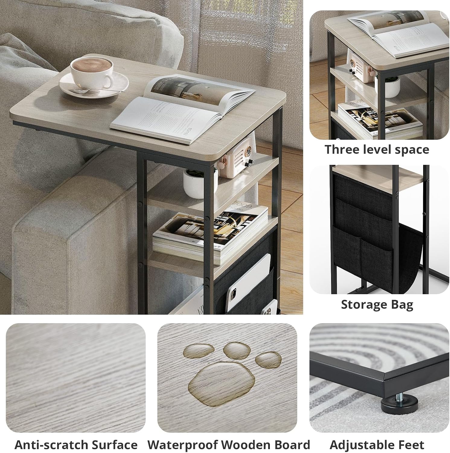 C Shaped End Table 28"(H) 3-Tier C Table with Storage Bag, Under Couch Table C-Shaped End Table with Storage Shelves and Bag for Living Room, Bedroom, or Office