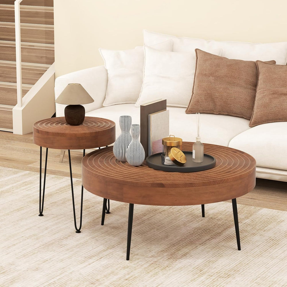Giantex Boho Round Coffee Table Set of 2, Sofa Side Nesting Table with Solid ...