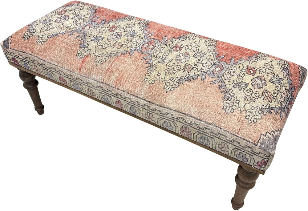 Ottoman Bench with Rug Upholstered Handmade Wood Work for Boho Farmhouse Kitc...