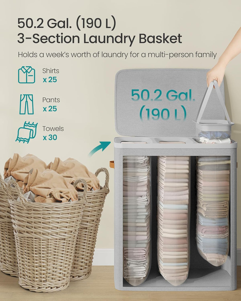 SONGMICS Laundry Basket, 50.2 Gal. Laundry Hamper, 3 Compartments, Easy Assembly, with Lid and Handles, Removable Liners, 25.2 x 15.7 x 29.5 Inches, Dove Gray ULCB814GD01