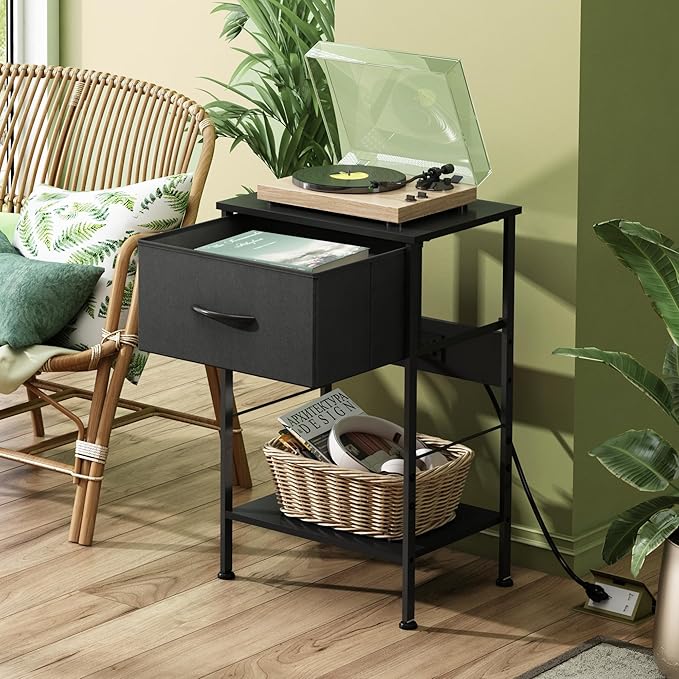 WLIVE Night Stand with Charger Station, Small Nightstand with 1 Fabric Drawer...