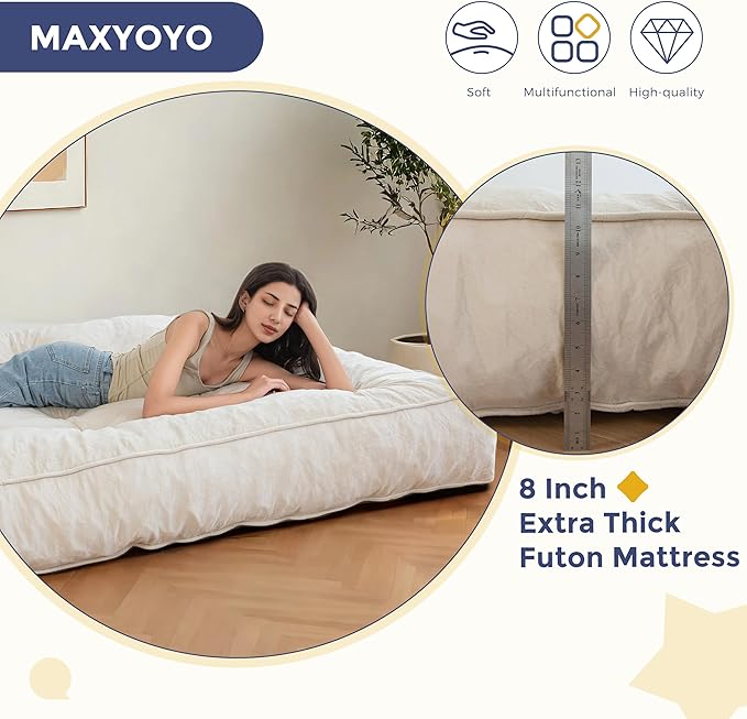 MAXYOYO 8" Futon Mattress, Queen Size Extra Thick Futons Sofa Couch Bed for Adults, Velvet Floor Mattress Shredded Foam Filling (Frame Not Included)