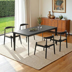 Farini Mid Century Modern Dining Chairs Set of 2, Solid Wood Frame Kitchen Chairs with Woven Upholstered Seat for Dining Room & Breakfast Nook,Black-Beige