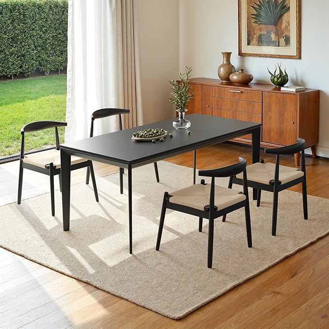 Farini Mid Century Modern Dining Chairs Set of 4, Solid Wood Frame Kitchen Chairs with Woven Upholstered Seat for Dining Room & Breakfast Nook,Black-Beige