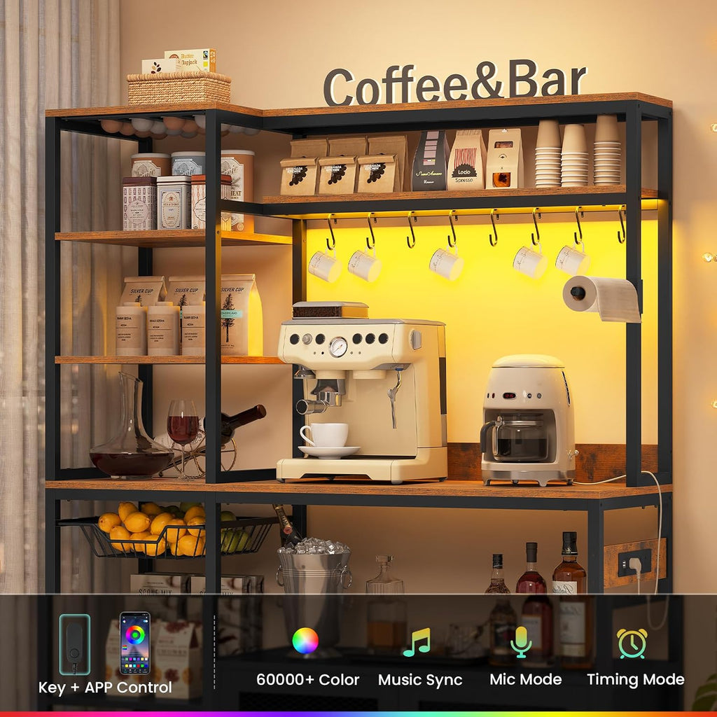 47.2 in Bakers Rack with Power Outlet & LED Light, Coffee Bar with Coffee Pod Holder for Vetuo, Kitchen Microwave Stand with Storage Shelves, Paper Holder, Cabinet, Wire Basket, 8 Hooks (Rustic Brown)