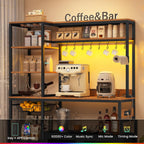 47.2 in Bakers Rack with Power Outlet & LED Light, Coffee Bar with Coffee Pod Holder for Vetuo, Kitchen Microwave Stand with Storage Shelves, Paper Holder, Cabinet, Wire Basket, 8 Hooks (Rustic Brown)