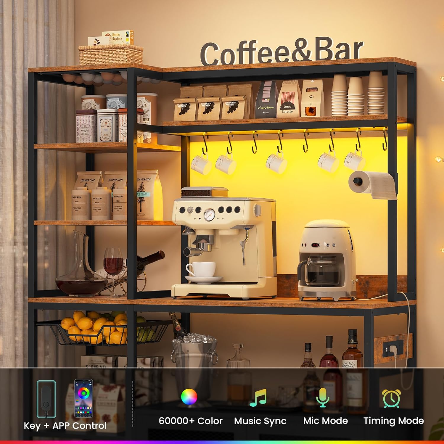 47.2 in Bakers Rack with Power Outlet & LED Light, Coffee Bar with Coffee Pod Holder for Vetuo, Kitchen Microwave Stand with Storage Shelves, Paper Holder, Cabinet, Wire Basket, 8 Hooks (Rustic Brown)