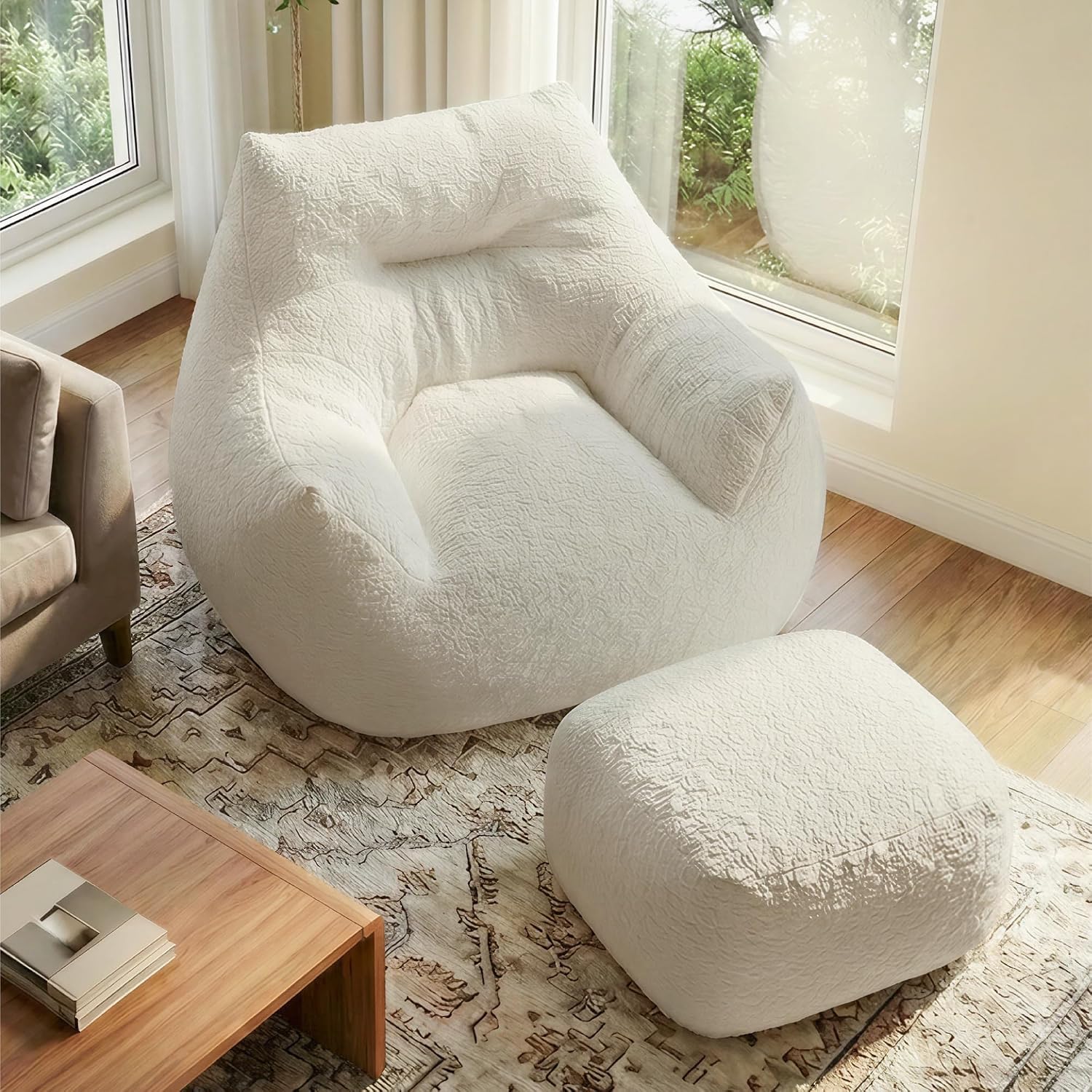 KISLOT Cloud Large Bean Bag Chair with Ottoman for Adults,Ultra Soft Bean Bag with Armrests,Stuffed BeanBag Chair for Napping, Gaming,Vacuum-Compressed for Easy Gifting,48 Hours to Fluffs Up,Beige