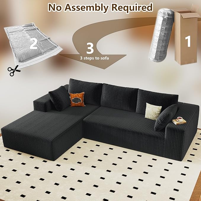 96" Modular Sectional Couch, Boneless L Shaped Cloud Sofa with Chaise Lounge, Corduroy Upholstered Couches Memory Foam Deep Seat, No Assembly Required, Ideal for Living Room(Black, Left Facing)