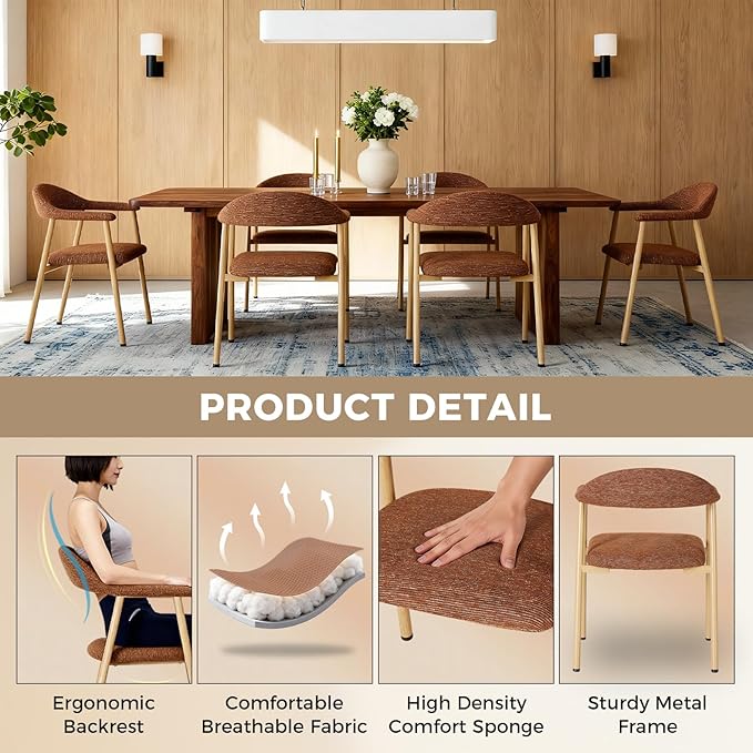 DUMOS Dining Chairs Set of 2, Modern Linen Fabric Upholstered Kitchen Side Chairs with Curved Backrest, Accent Farmhouse Metal Chairs for Kitchen Dining Room Restaurant Cafe, Orange