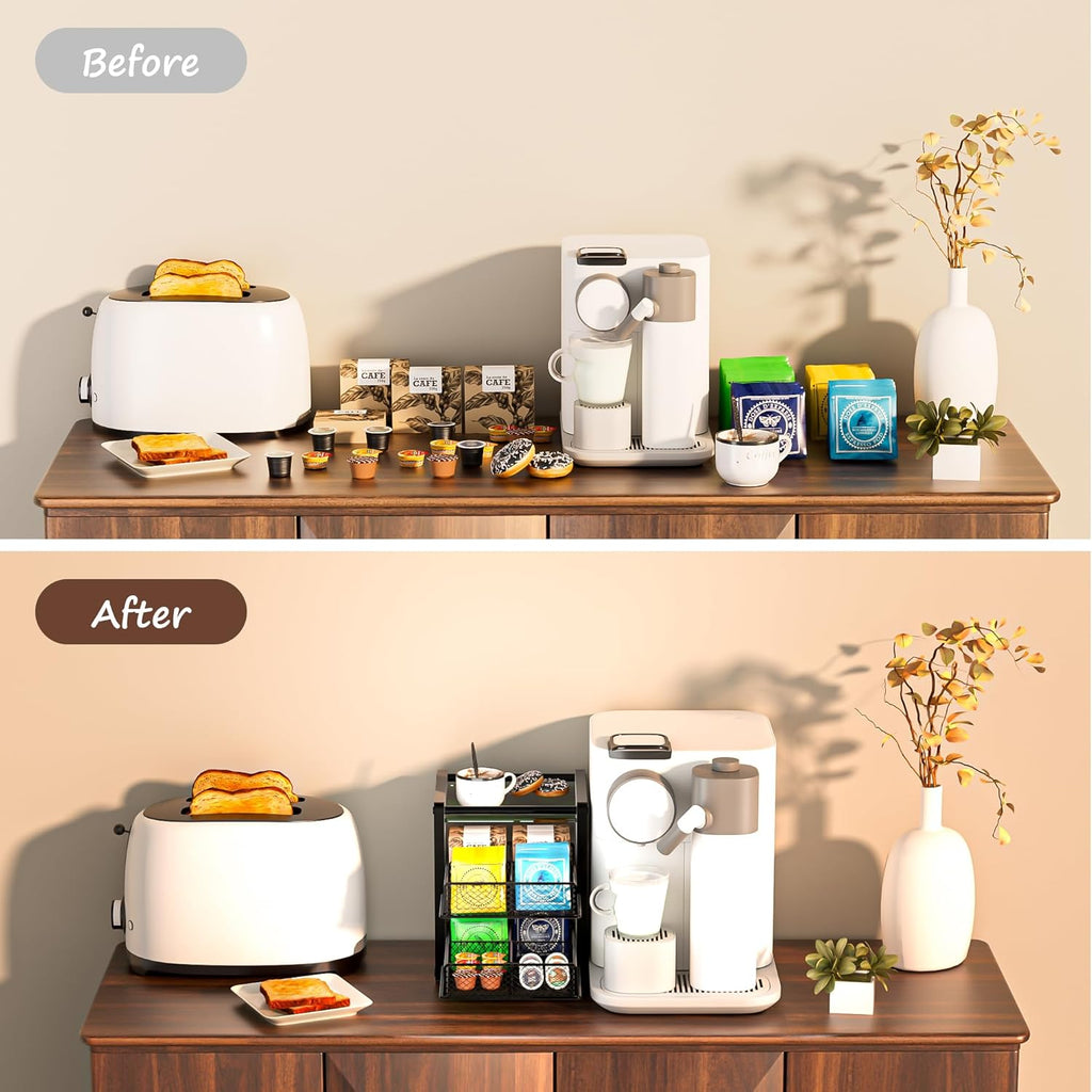 Tea Bag Organizer Box - Wooden Tea Bag Storage with 2 Drawers, Holder & Dispenser for Kitchen Countertop, Office, Tea Station (Black)