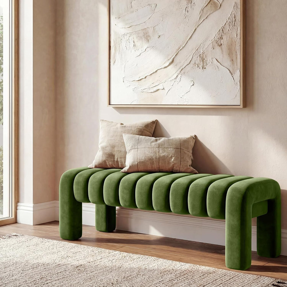 43.3” Dining Room Bench, Olive Green Tufted Upholstered End of Bed Bench, Mod...