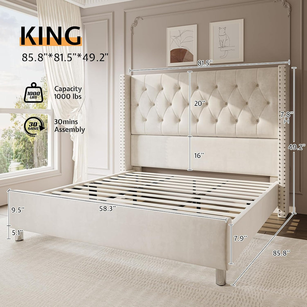PaPaJet King Velvet Bed Frame with 49.2" Tall Wingback Headboard, Cream