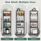 Housolution 5 Tier Kitchen Rolling Cart, Storage Cart with Metal Fruit Vegetable Basket and Pull-Out Pot Lid Cutting Board Organizer, Storage Rack with Wooden Top for Kitchen, Pantry, Bathroom