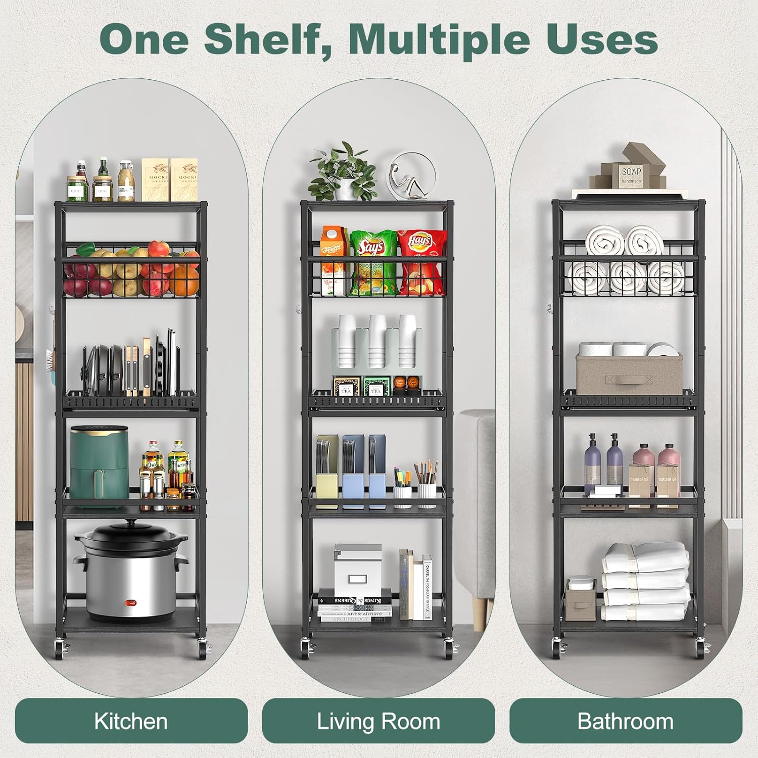 Housolution 5 Tier Kitchen Rolling Cart, Storage Cart with Metal Fruit Vegetable Basket and Pull-Out Pot Lid Cutting Board Organizer, Storage Rack with Wooden Top for Kitchen, Pantry, Bathroom