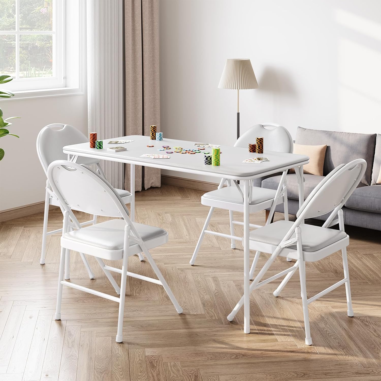 IDEALHOUSE 4 Feet Folding Table, Protable Foldable Card Table, Gray | Metal Legs Support, Upholstered PU Leather Tabletop, Heavy Duty, No Assembly Required, Perfet for Indoor and Outdoor