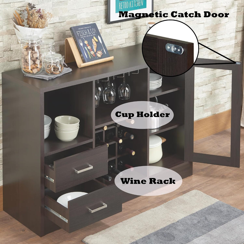 Knocbel Wooden Storage Wine Cabinet with Glass Door and 2 Interior Shelves, C...