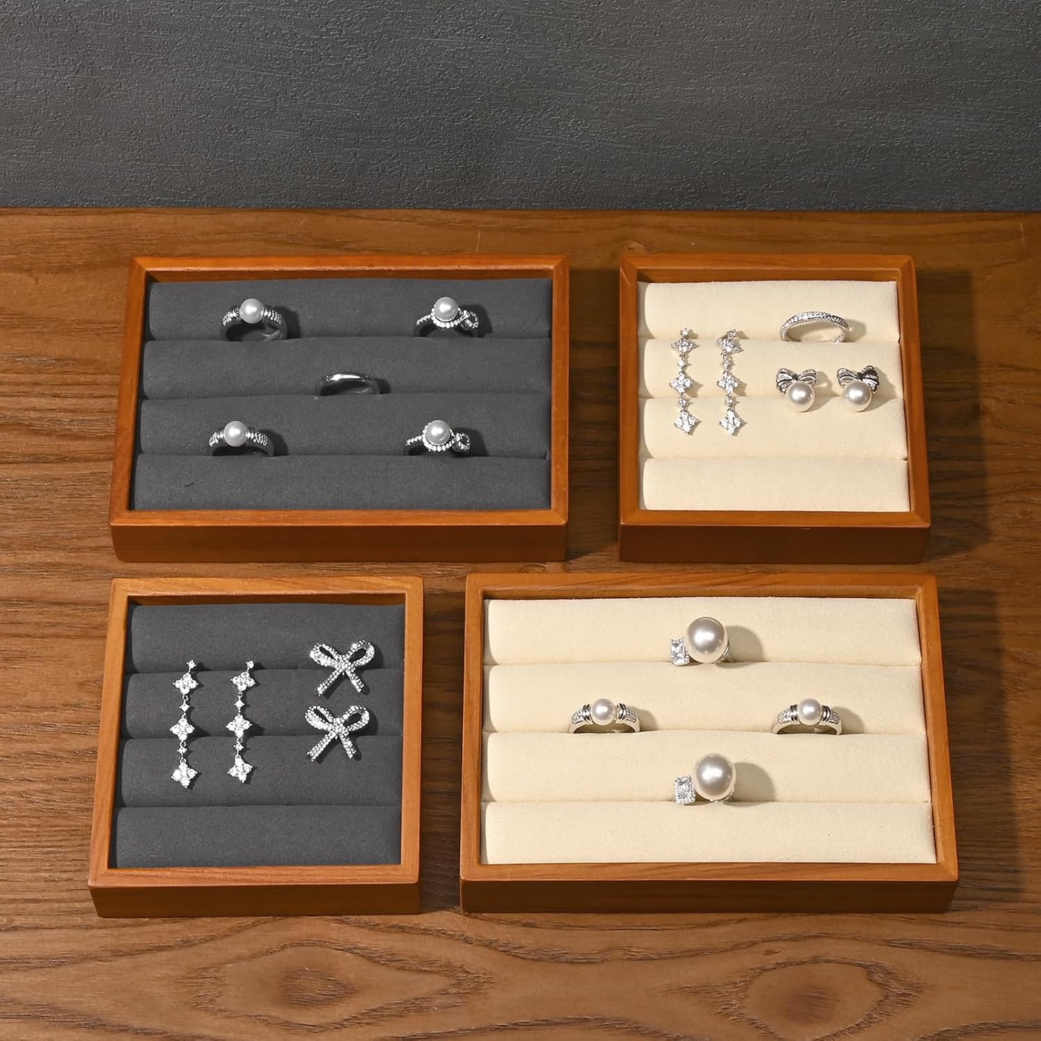 Solid Wood 3-Slots Jewelry Ring Display Tray Showcase Small Jewelry Display Organizer Tray for Rings(M,Beige)
