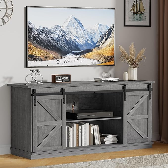 JUMMICO TV Stand with 4 Drawers for 65 Inch TV, Farmhouse Entertainment Center with Storage and Sliding Barn Doors, Rustic Media TV Console Cabinet with Shelves for Living Room Bedroom (Pale Gray)
