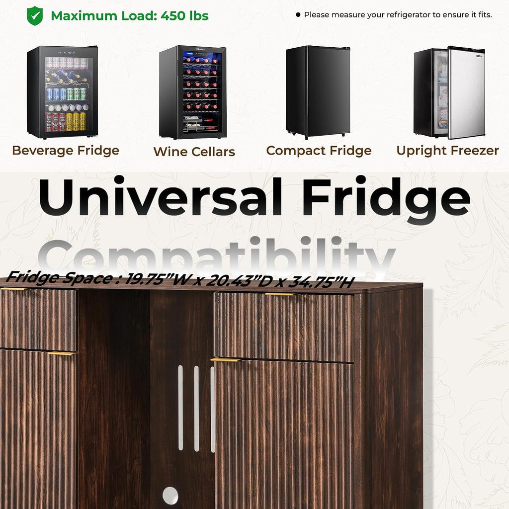 OKD 60" Fluted Coffee Bar Cabinet with Mini Fridge Space, Dark Walnut | Mini Fridge Compatible, Built In Charging Station, 3 Stemware Racks, 2 Drawers, 2 Cabinets, Home Bar Cabinet Storage