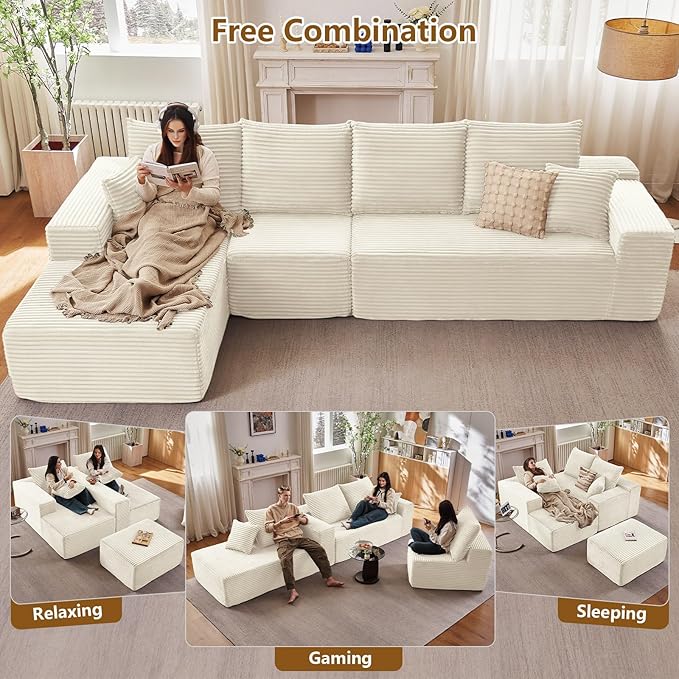 135" Cloud Sectional Couch with L-Shape Chaise, Modern Modular Comfy Sofa with Deep Seat, Upholstered Corduroy Couches Sleeper Chaise Longue for Living Room Bedroom, No Assembly Required, White