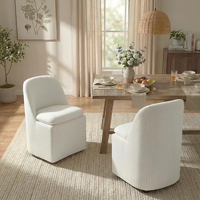 Upholstered Dining Chairs with Casters, Washable Cover Modern Dining Room Cha...