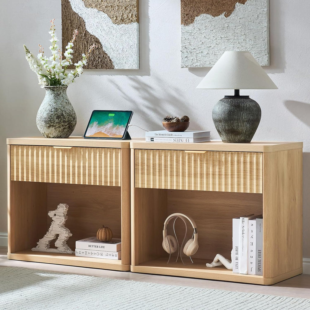 LEYAOYAO 31" Wide Fluted Nightstand Set of 2 with Charging Station, Oversized Extra Large 1 Drawer Night Stand with Golden Handle, Natural Wood Bedside Table Tall End Tables,for Bedroom, Living Room