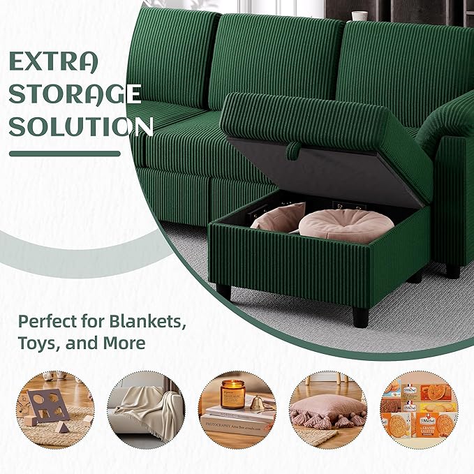 Vongrasig Convertible Sectional Couch, 3 Seat L Shaped Sofa with Removable Pillows Linen Fabric Small Modern Couch Mid Century for Living Room, Apartment and Office, Green
