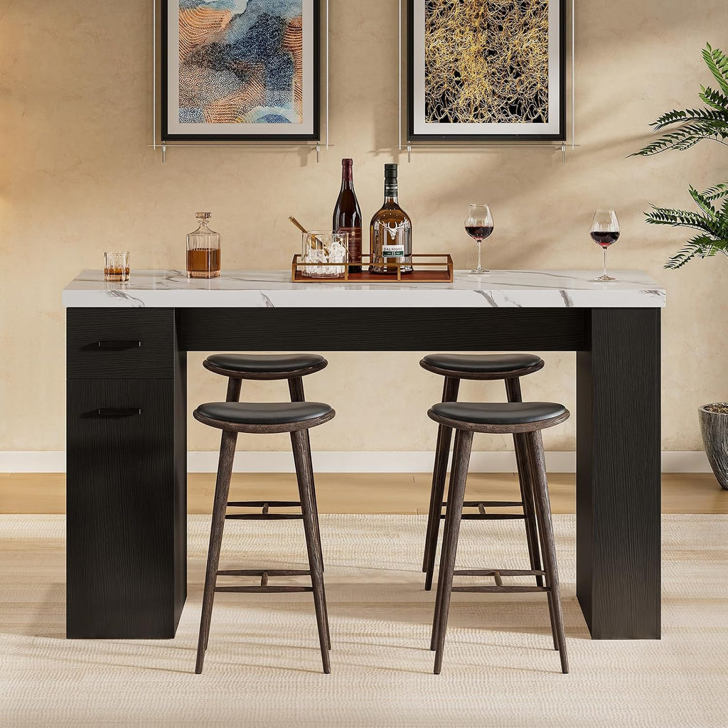 Kitchen Island Table, 59-Inch Modern Counter Height Dining Table | kitchen table w/Pull-Basket Drawer, 3-Tier Shelves,1.5"Thick Marble Tabletop, Bar Table for Dining Living Room Balcony Bistro