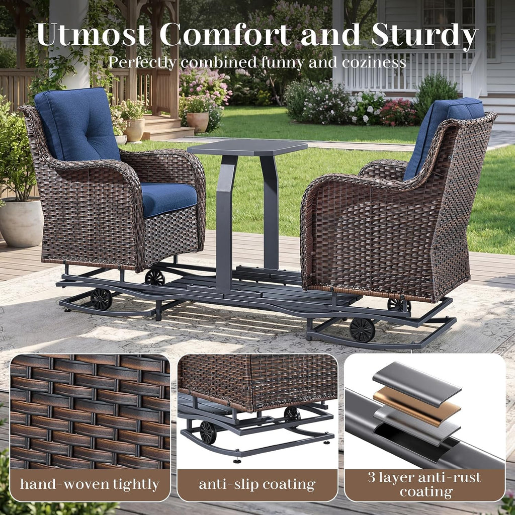 Luxury Outdoor Wicker Glider Rocker Chairs for 4 Person, Outdoor Furniture Sets with 2 Piece Wicker Swivel Rocker Chairs, Rattan Glider Rocker Chairs with Table for 2 Seats Brown/Blue