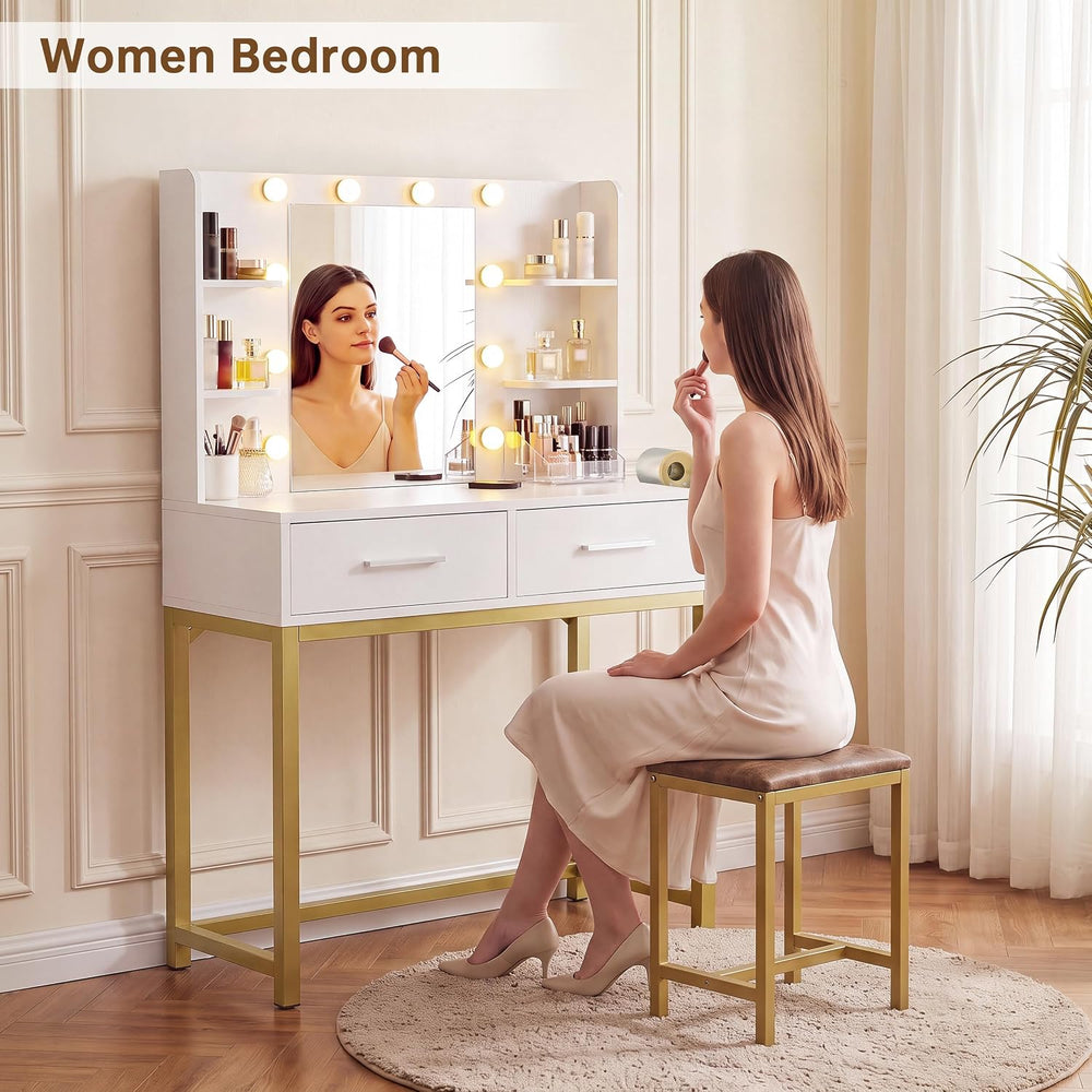 YESHOMY 31.5'' Small Vanity Desk with LED Mirror and Lights, White | ...