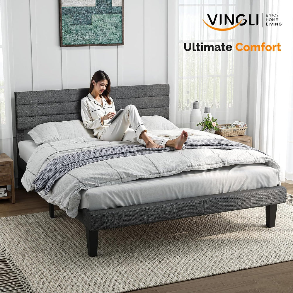VINGLI Full Upholstered Platform Bed Frame with Headboard,Linen Dark Gray