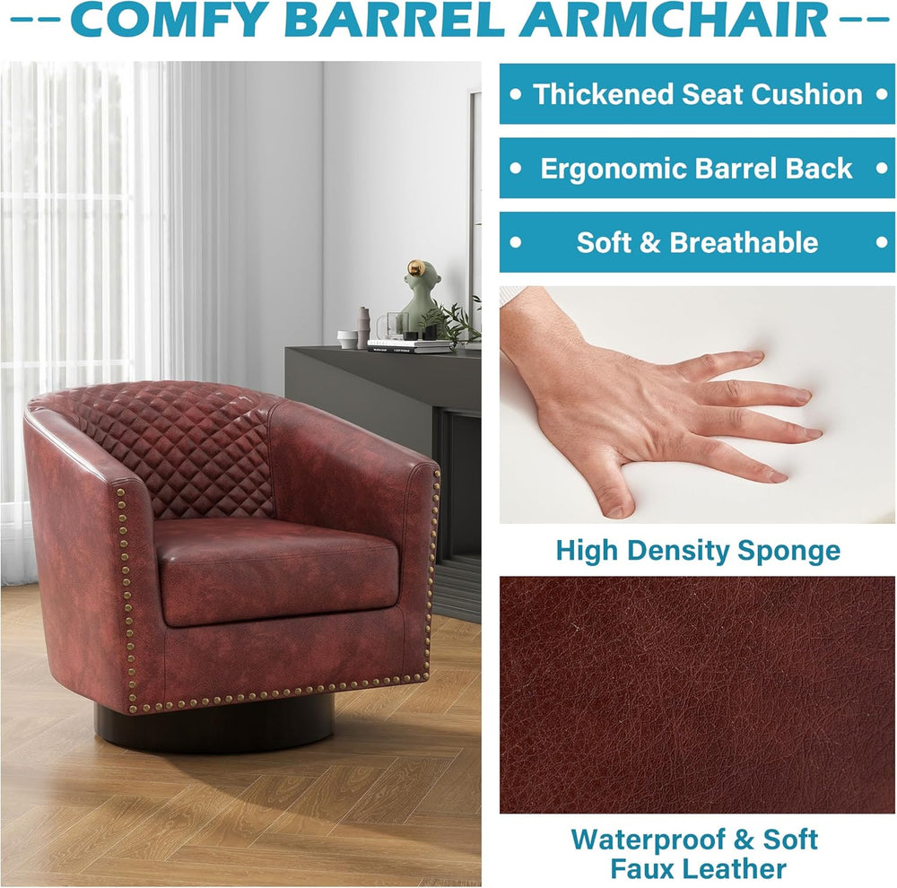 Swivel Barrel Accent Chairs Set of 2, Faux Leather Upholstered Armchair for L...