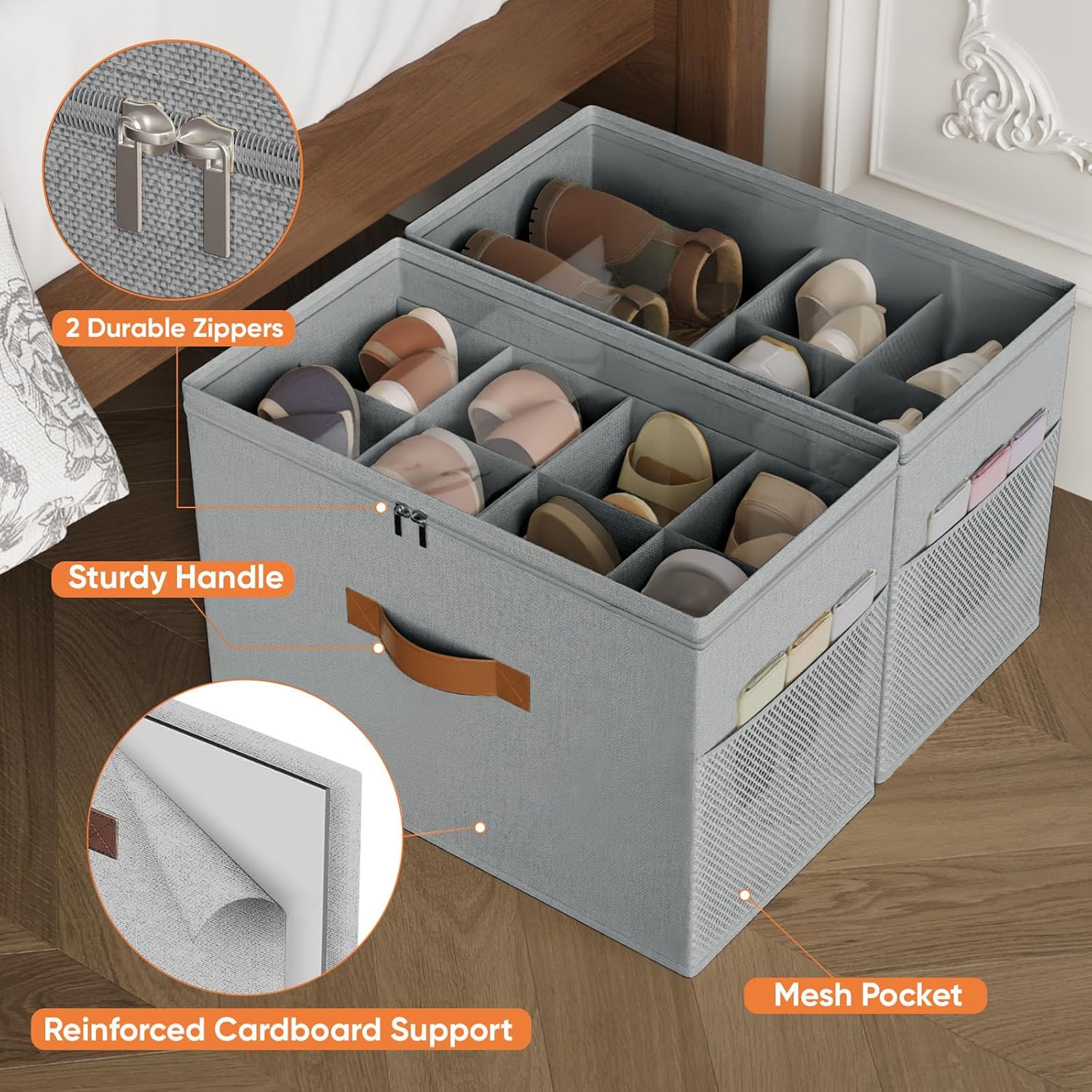 Shoe Organizer for Closet, 2 Pack Foldable Shoe Storage Organizer with Adjustable Dividers, Shoe Storage Box with Clear Cover, Fits up to 16 Pairs, Gray