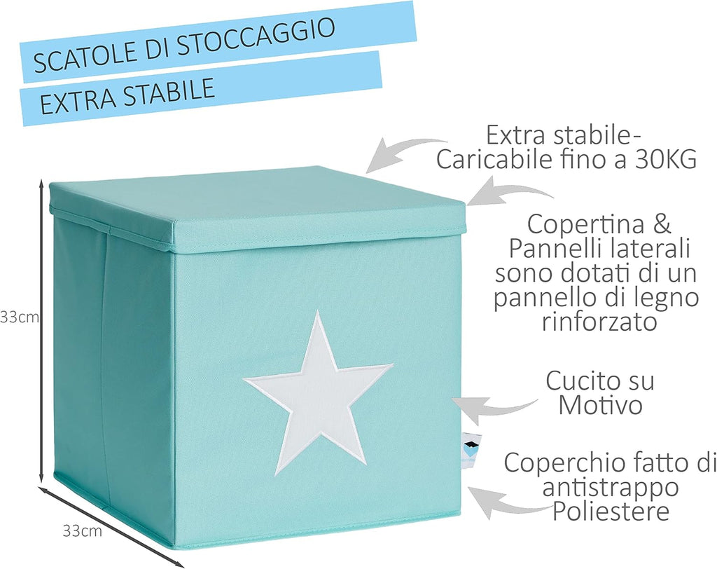 STORE.IT storage box with lid, mint green with white star, medium-density fibreboard reinforced, polyester/MDF, 33 x 33 x 33 cm (672265)