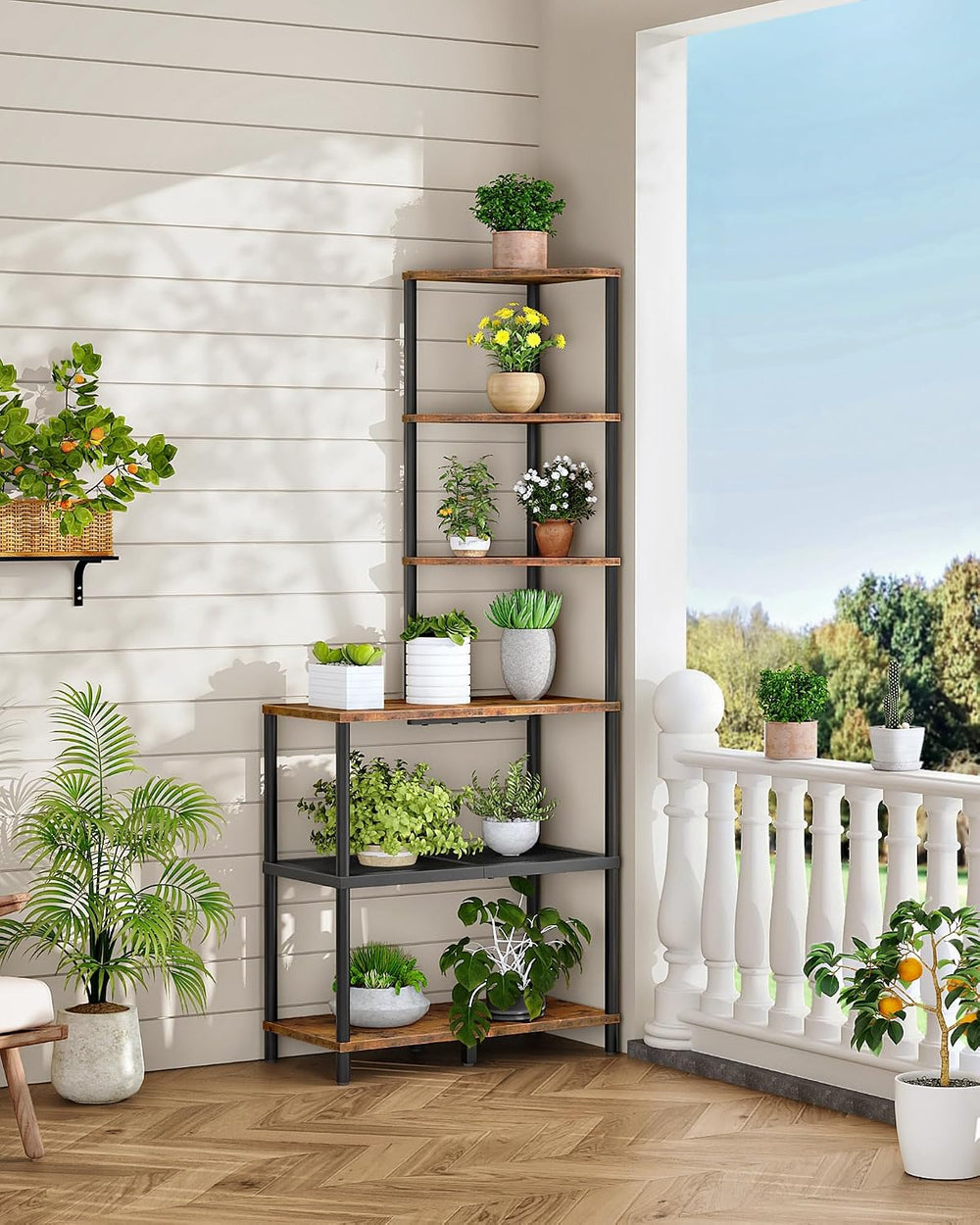 CHOEZON 6-Tier Corner Shelf, Industrial Corner Bookshelf with Desk Top, Diamo...