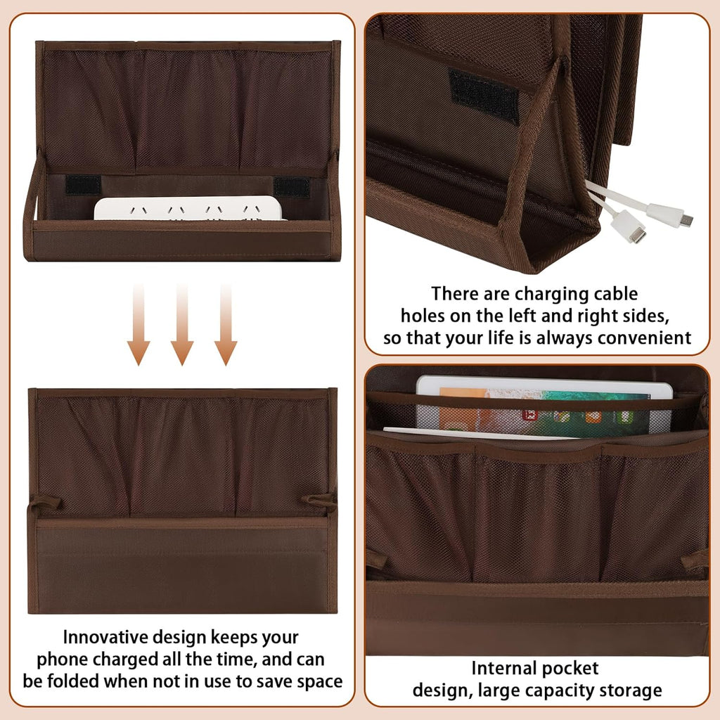 Bedside Storage Organizer with Power Strip Holder and Adjustable Straps Bed Hanging Bag for Home Bunk Bed Dorm Sofa (Brown)