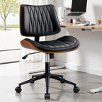 Ergonomic Armless Office Desk Chair - Mid-Century Modern Black Faux Leather with Diamond Stitch, Adjustable Height Swivel Rolling Task Computer Chair with Walnut Accent for Home Office, Study & Work