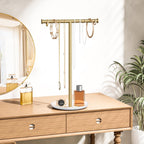 Gold Necklace Organizer Stand with Storage Tray - 12.6" Tall T-Shaped Jewelry Holder Stand for Bracelets, Earrings, Rings | Stylish Home & Vanity Décor for Women.