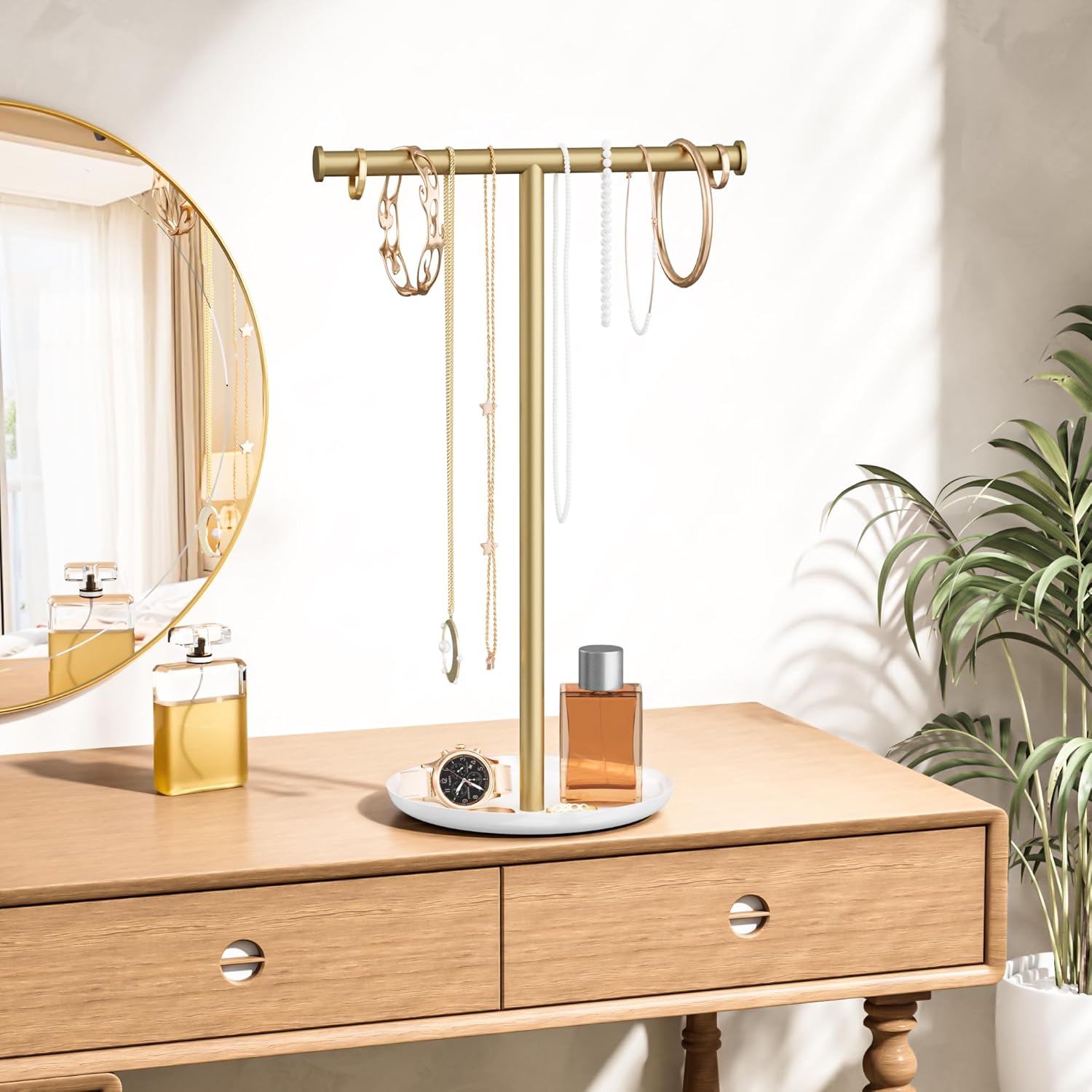 Gold Necklace Organizer Stand with Storage Tray - 12.6" Tall T-Shaped Jewelry Holder Stand for Bracelets, Earrings, Rings | Stylish Home & Vanity Décor for Women.