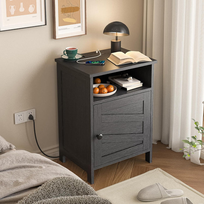 Night Stand with Charging Station, Farmhouse Nightstand with Open Shelf, Bedside Table with Enclosed Cabinet, Wooden End Table with USB Ports & Outlets for Bedroom
